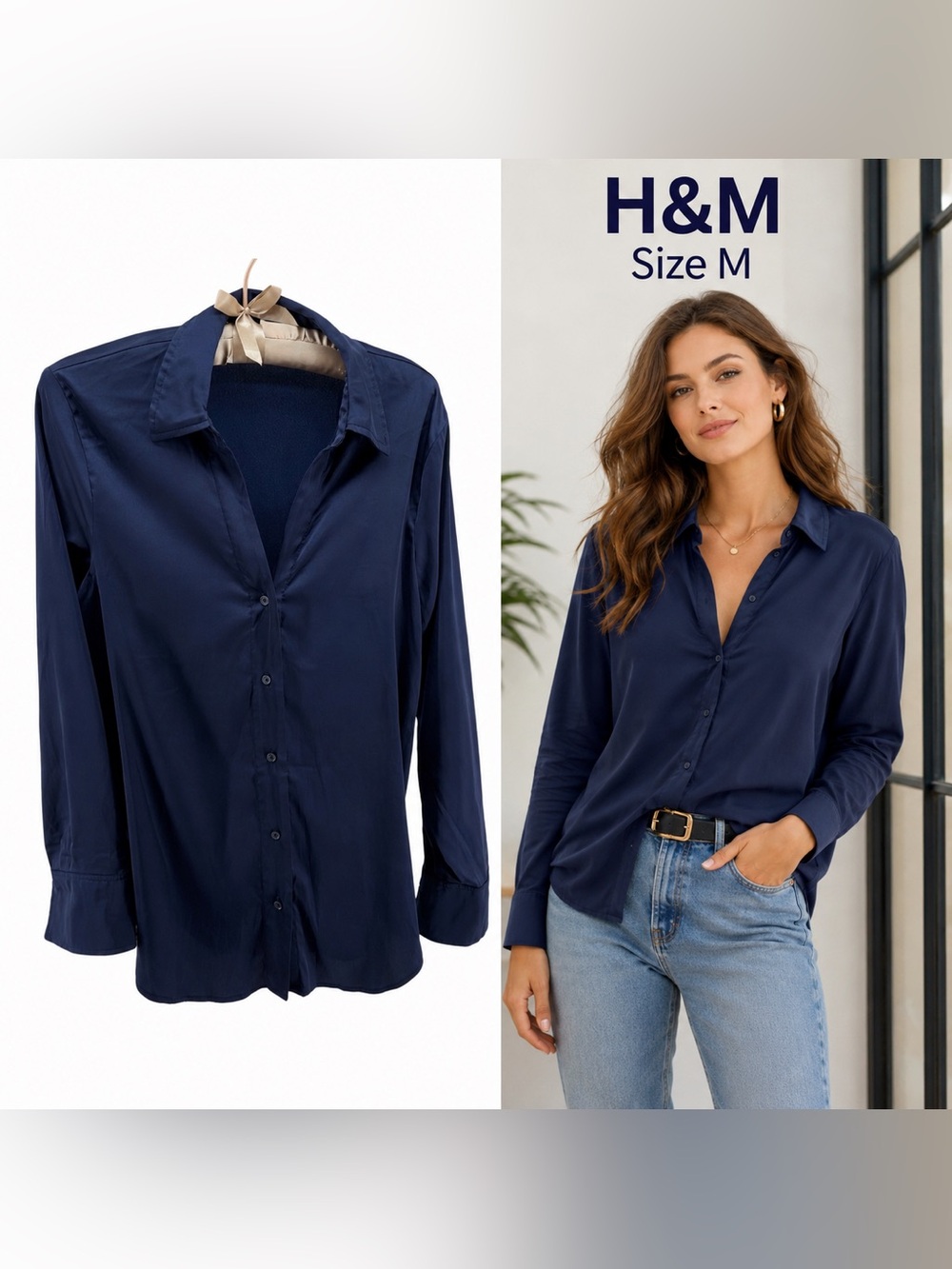 H&M Navy Blue Women's M Button Down Shirt Long Sleeve Collared Blouse Office